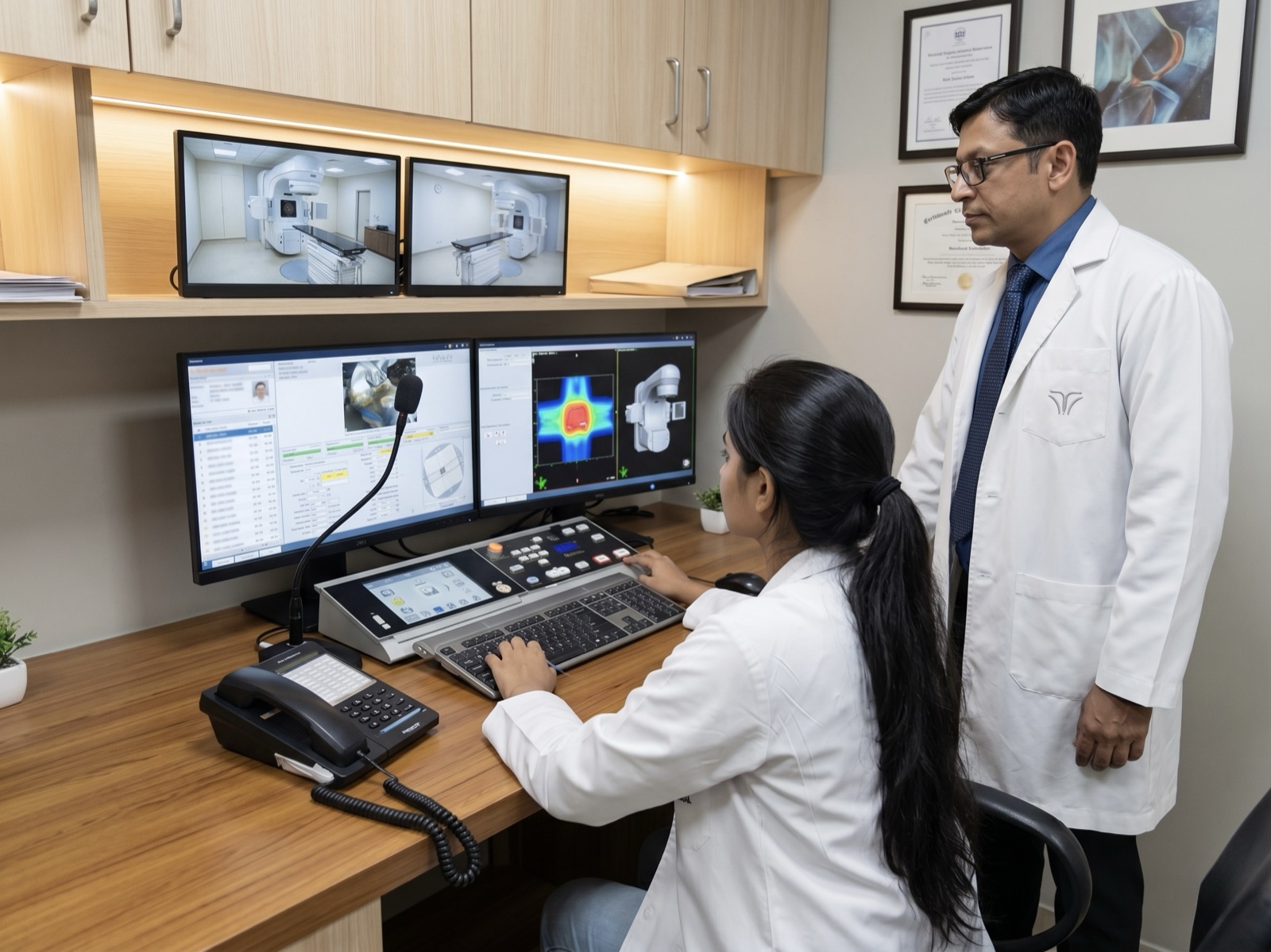 Dr. Bhatnagar reviewing a treatment plan at the planning console