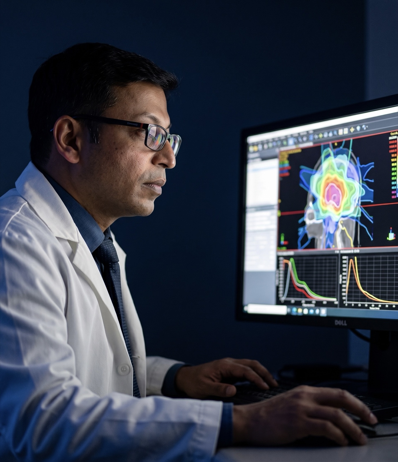 Dr. Anshul Bhatnagar reviewing a radiotherapy treatment plan